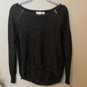 BISOU BISOU Black Metallic Zip-Shoulder Scoop Neck Sweater